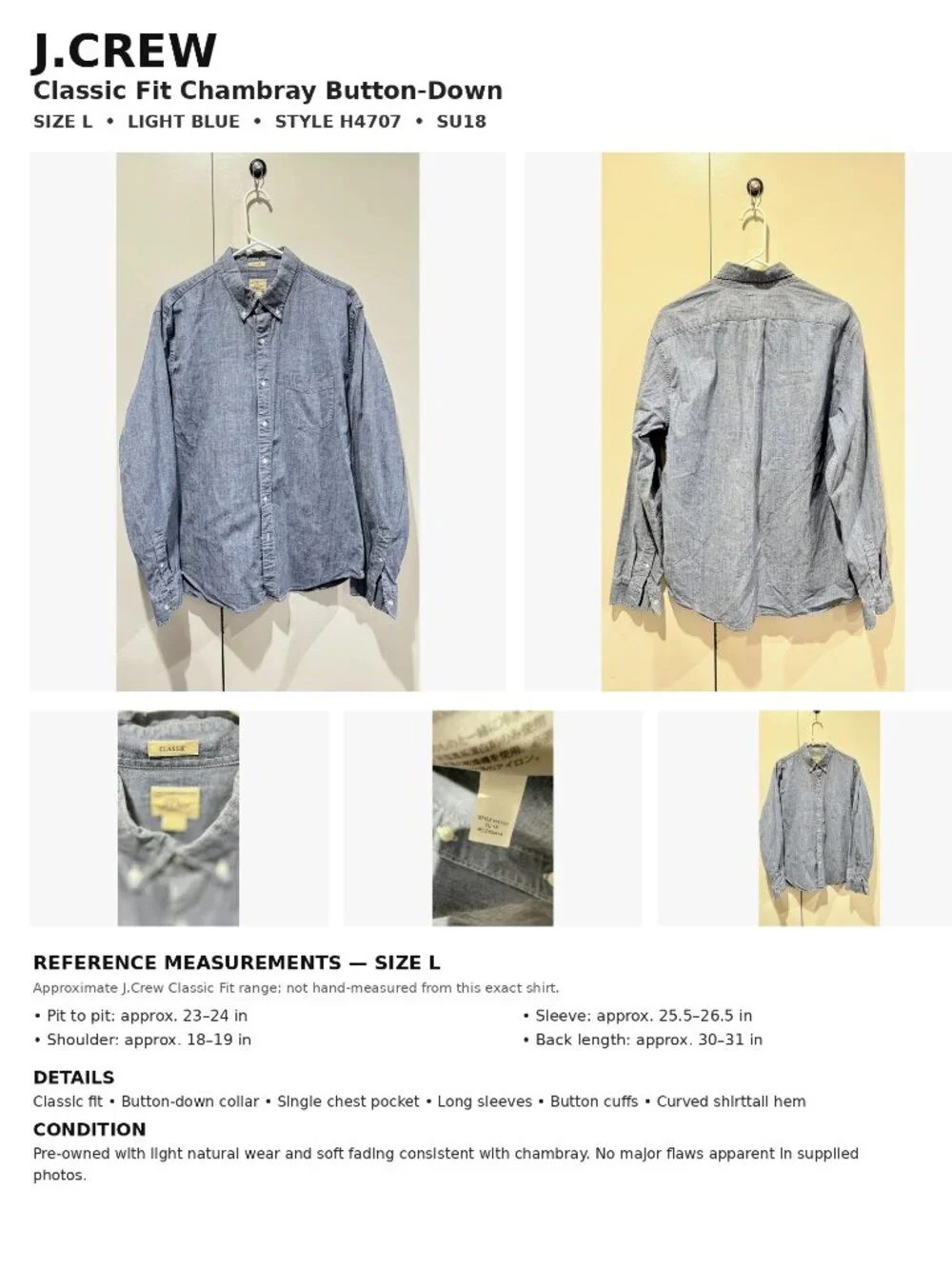 J.Crew Classic Fit Chambray Button-Down Shirt Light Blue Size L H4707 SU18